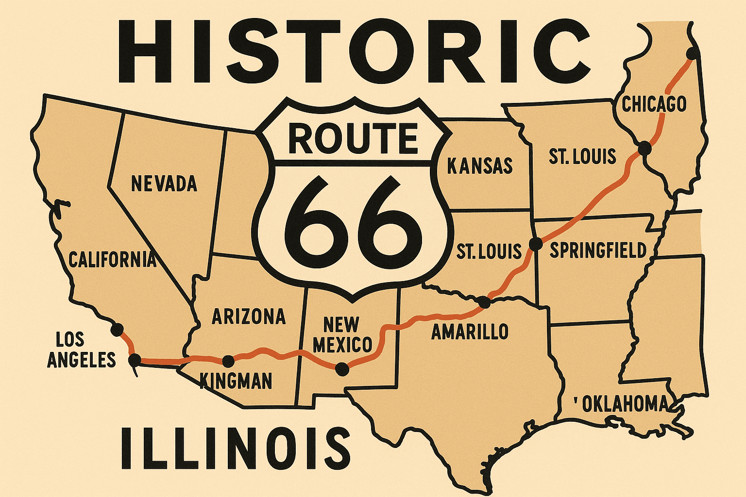 Historic Route 66 map showing the journey from Chicago to Los Angeles