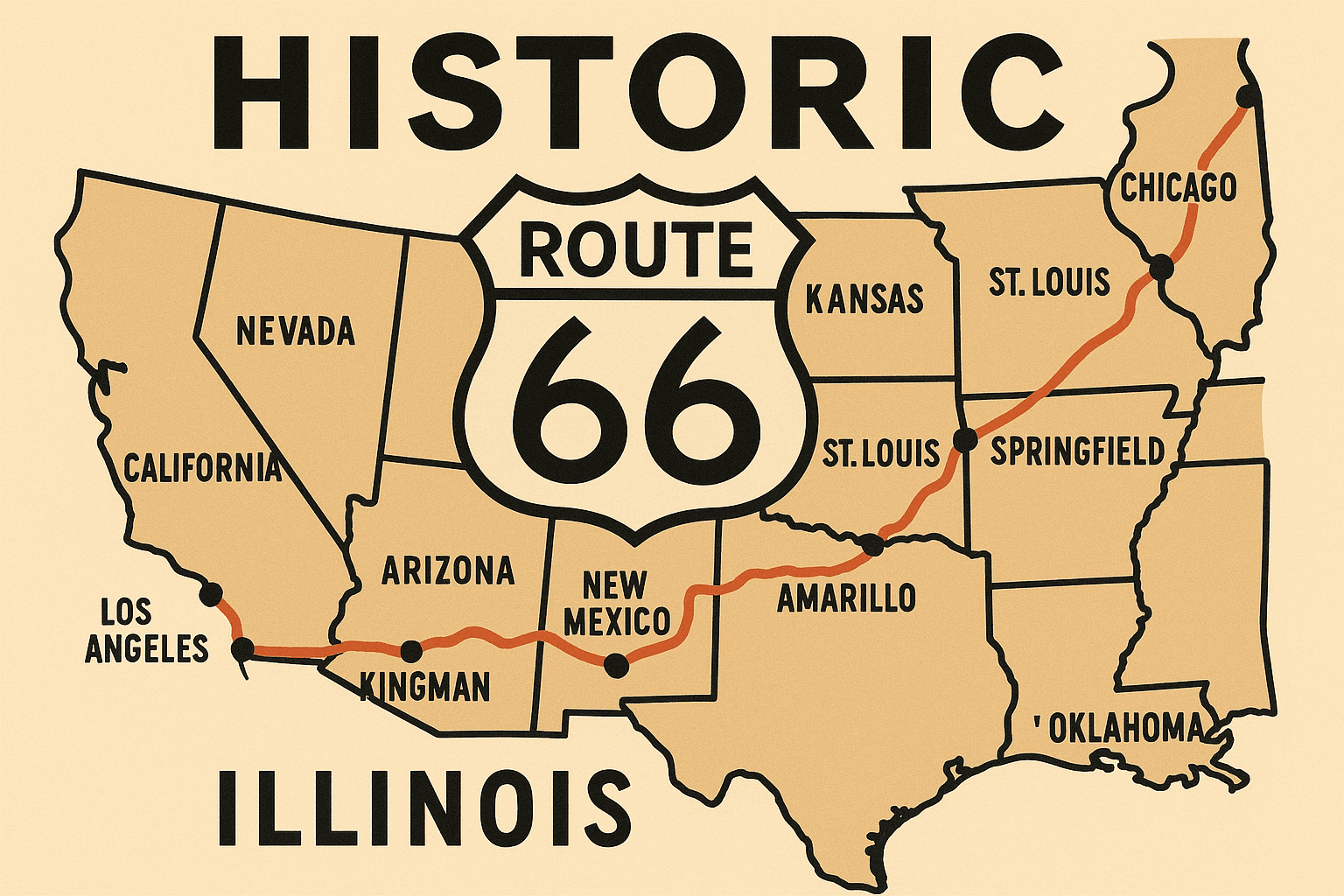 Historic Route 66 map showing the journey from Chicago to Los Angeles